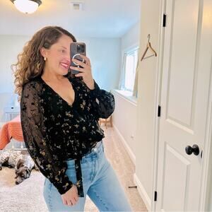 Parker Black Gold Velvet Wrap Top Blouse Small